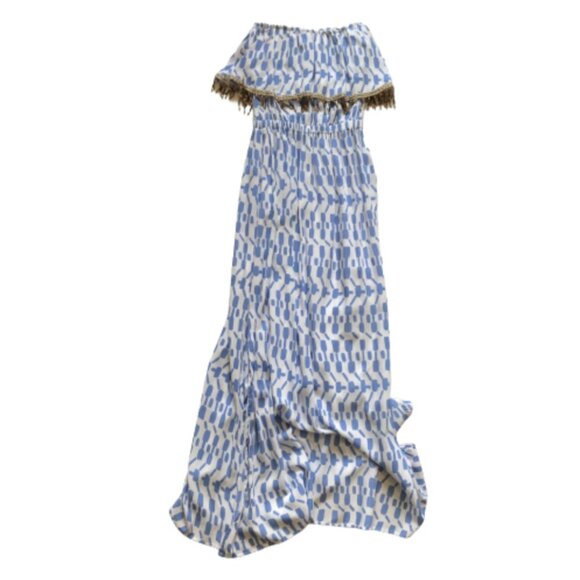 Skemo Dresses & Skirts - Skemo Beaded Maxi Dress Womens Small Blue White Sleeveless Tube Cover Up Ruffle